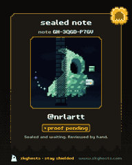 A pixel art NFT displayed as a 'sealed note' (GR-3050-P76V) by @nrlartt, authenticated as a 1-of-1 proof and minted on Sky Gallery.