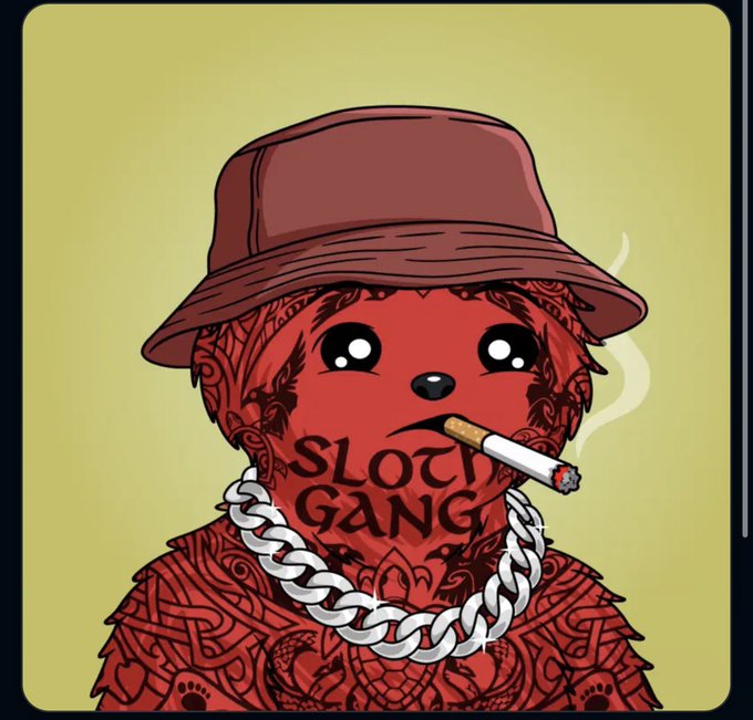 An illustration depicts a red sloth-like character wearing a brown bucket hat and thick silver chain necklace, smoking a cigarette, with 'SLOTH GANG' tattooed across its face against a yellow-green background.