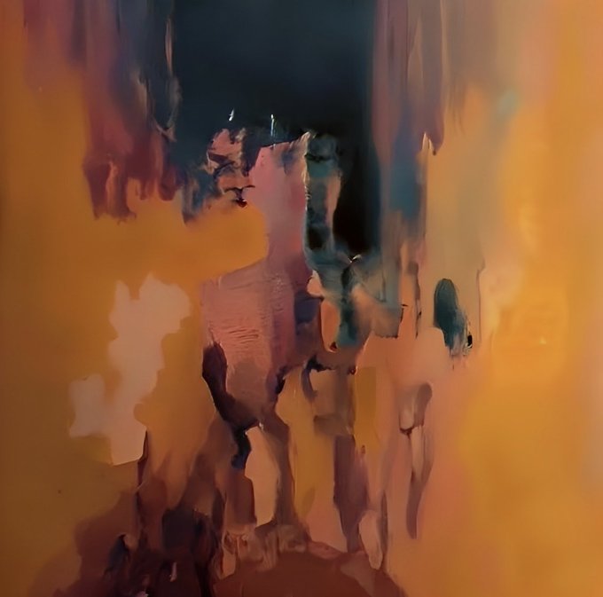 An abstract painting featuring warm orange, teal, and dark blue brushstrokes with melting, fluid textures resembling a distorted face or figure.