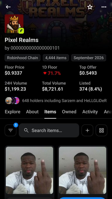 A screenshot of the Pixel Realms NFT collection page on Robinhood Chain, showing 4,444 items, a floor price of $0.9337 (down 71.7%), 648 holders, and a 24H volume of $1,199.23.