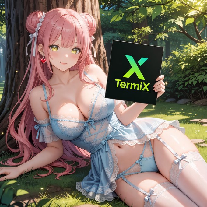 An anime-style illustration of a pink-haired female character in blue lingerie sitting by a tree, holding up a black sign with the TermiX logo (a green X).