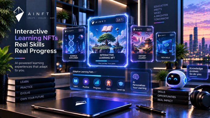 An 'AINFT' promotional image showcases 'Interactive Learning NFTs Real Skills Real Progress,' featuring colorful NFT cards for science, interactive learning, and history journeys, with AI-powered adaptive learning elements.