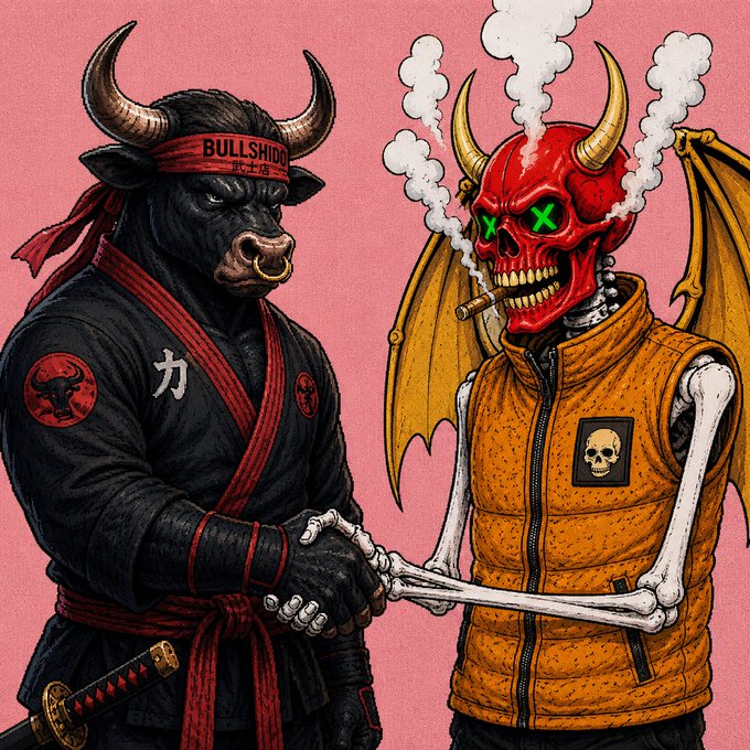 An illustration depicting a bull-headed samurai in a black gi with a "BULLSHIDO" headband shaking hands with a red skull-headed demon wearing an orange vest and smoking a cigar.