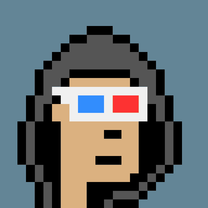 A pixel-art portrait of a hooded figure wearing classic 3D glasses (blue and red lenses) is shown, which relates to the post's reference to the "CryptoPunk" NFT collection, where this particular hooded 3D glasses punk holds significant value exceeding $400,000.