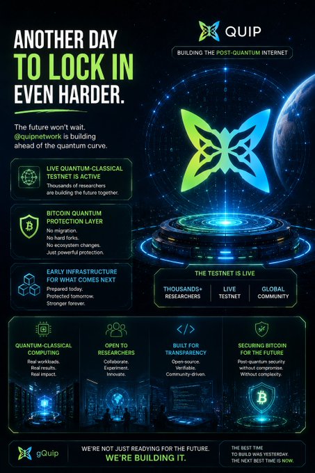 The image features a poster advertising Quip Network's Quantum Cloud Platform for Bitcoin. The poster showcases the features of the platform, including its ability to launch live testnets and protect against bitcoin theft or hacking attempts. It emphasizes that the platform has already been built and is ready for use. The main message of the poster is that it's time to build on it by leveraging the Quantum Cloud Platform for Bitcoin.