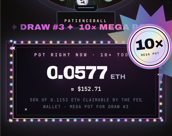 A colorful lottery graphic titled 'PATIENCEBALL DRAW #3 10× MEGA POT' shows a current pot of 0.0577 ETH (≈ $152.71), with text noting '50% OF 0.1153 ETH CLAIMABLE BY THE FEE WALLET'.