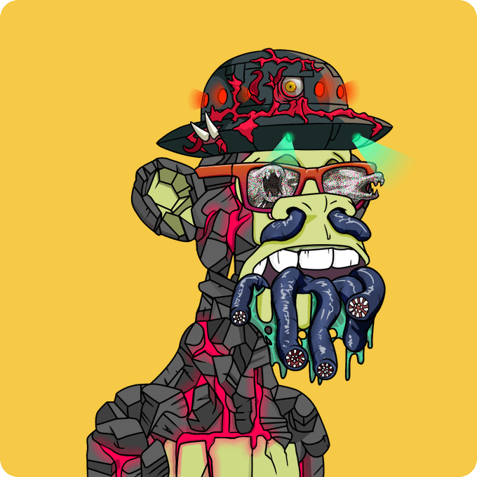 A cartoon illustration of a zombie-like green character wearing a cracked dark hat with red accents, broken red sunglasses, and tentacle-like facial appendages against a yellow background.
