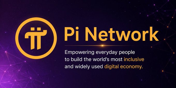 A promotional banner for 'Pi Network' with the tagline 'Empowering everyday people to build the world's most inclusive and widely used digital economy.' set against a purple cosmic background.