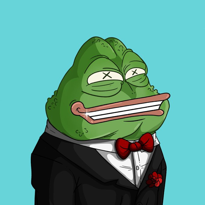 A cartoon Pepe the Frog dressed in a black tuxedo with a red bowtie and pocket square smiles against a teal background. The image relates to the post by portraying Pepe as a refined, working figure—reinforcing the playful slogan that "the frog works" while promoting the "somethingridiculous.fun" NFT mint.