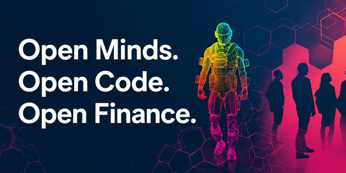 A promotional graphic with the text 'Open Minds. Open Code. Open Finance.' alongside a colorful digital/wireframe figure of a person walking, set against a dark background with silhouettes.