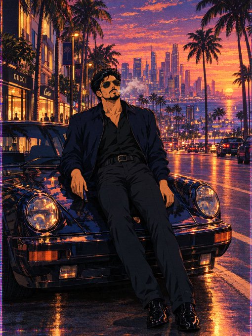 A stylized digital artwork depicts a man in a dark suit and sunglasses casually leaning against a black sports car on a palm tree-lined street, with a vibrant sunset city skyline of Los Angeles in the background.