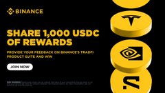 A Binance promotional banner advertises 'SHARE 1,000 USDC OF REWARDS' with a 'JOIN NOW' button, featuring stacked gold coins with crypto logos including Tether.
