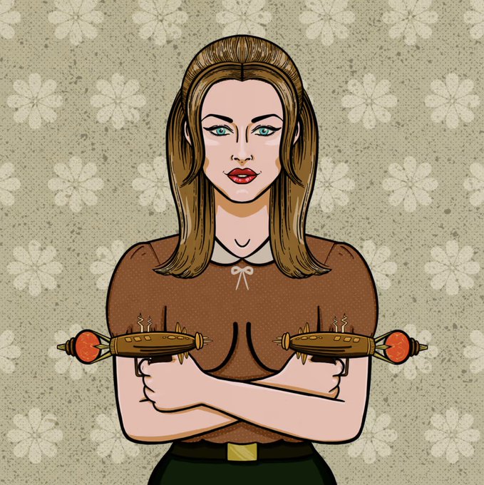 An illustrated woman with brown hair and blue eyes stands with crossed arms holding ray guns against a floral patterned background.