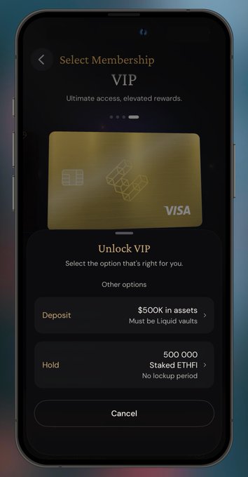 A dark-themed smartphone screen shows a VIP membership page with a gold Visa card and options to “Unlock VIP” by depositing $500K in assets or holding 500,000 Staked ETHFI.