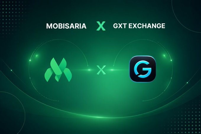 A digital announcement banner with a green background featuring the logos of "MOBISARIA" and "GXT EXCHANGE" connected by an "X," visually representing their new strategic partnership aimed at expanding the $MBSR token's global reach.