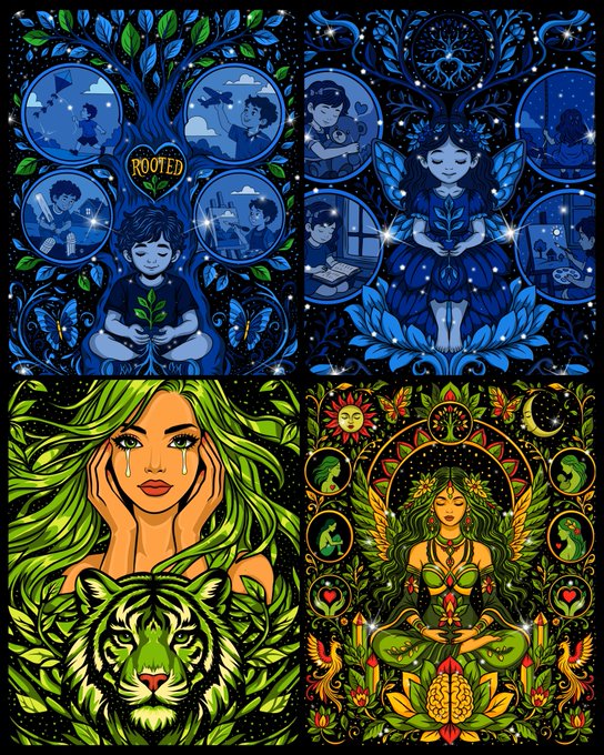 Four colorful illustrations in a tarot-card style are arranged in a grid, featuring themes like 'ROOTED', a crying woman with green hair, a tiger, and a seated goddess figure.
