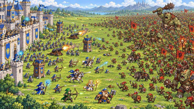 A vibrant battle scene from a strategy video game showing knights, archers, and mythical creatures clashing on a green field in front of a blue-roofed castle.