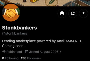 Twitter/X profile for 'Stonkbankers' (@stonkbankers) describing it as a 'Lending marketplace powered by Anvil AMM NFT. Coming soon.' with 138 followers.