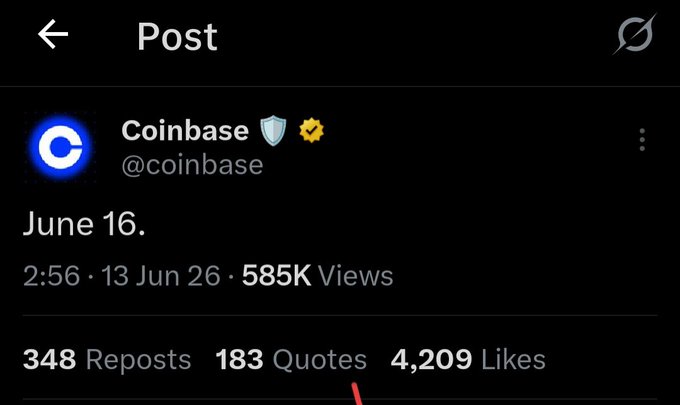 The image shows a post on Coinbase that has been screenshoted onto an app. It displays various information such as a number of likes, dislikes, quotes, and shares for a particular hashtag on social media platforms. Users can view this data about a cryptocurrency called Ripple, which is related to the coinbase platform. The post focuses more specifically on June 16 when the coinbase network will host an official launch, potentially influencing users' opinions or decisions regarding the cryptocurrency. It also raises questions like whether it's worth watching and shares its contents with those who are interested in Ripple.