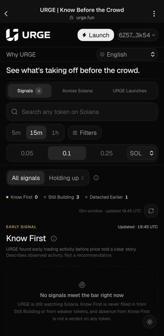 Screenshot of the URGE ("Know Before the Crowd") app at urge.fun showing its Solana token discovery dashboard with search, filters (5m/15m/1h), and categories like "Know First," "Still Building," and "Detected Earlier," illustrating how URGE helps users find early-stage coins gaining traction on Solana before they go mainstream.