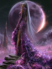 A fantasy figure in a flowing purple gown stands before a giant, glowing pinkish moon in a surreal alien landscape. The image captures the haunting, otherworldly mood of the prompt "The Moon Has Fallen," with the ethereal character seemingly mourning beneath its dramatic descent.