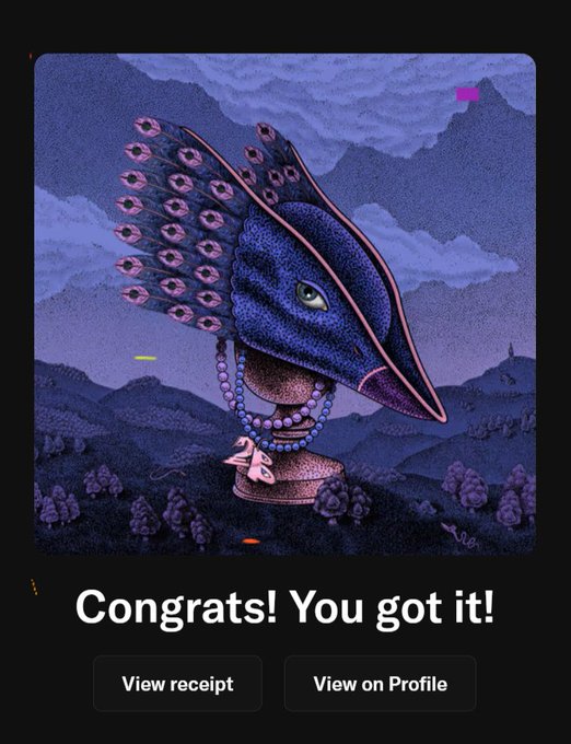 The image features an illustration of a peacock head, which has been turned into a statue or sculpture. It is placed on top of a pedestal with a crown on its head. The background of the image depicts a mountain landscape under a cloudy sky. In the bottom right corner of the image, there are two buttons labeled "View Profile" and "Receipt". These buttons provide options for viewing the peacock statue's profile or receiving a receipt for the peacock statue purchase.