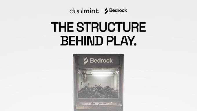 A promotional graphic featuring 'dualmint | Bedrock' logos at the top, the bold text 'THE STRUCTURE BEHIND PLAY.', and an image of a Bedrock-branded claw machine filled with black rocks.