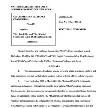 The image shows the cover page of an SEC Complaint (Case No. 1:24-cv-08518) filed in the U.S. District Court for the Southern District of New York, charging TSAI Pro Ltd. and TSAI Capital Foundation with fraud through a scheme involving the fake investment platform "teslatsaicop.com." The document relates to The Block's article reporting that the SEC charged these entities alongside Cryptoaiml Ltd. and Cryptoaiml Capital Foundation for allegedly bilking investors out of at least $15 million through fraudulent AI trading platforms.