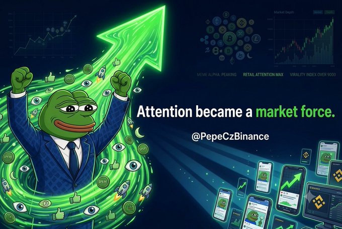 A Pepe the Frog meme graphic with the text 'Attention became a market force.' and '@PepeCzBinance' against a crypto market background.