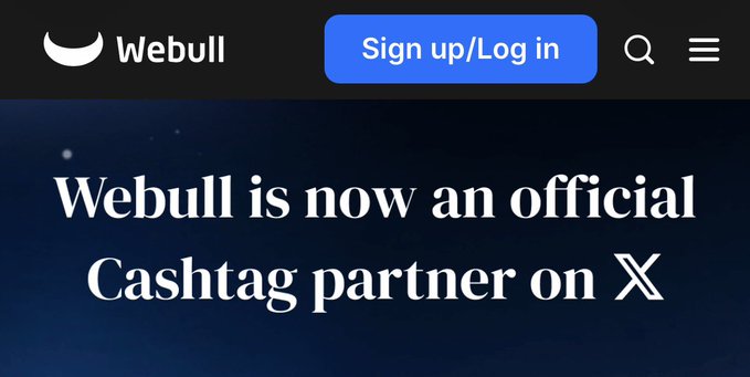 A screenshot of the Webull website header showing the Webull logo, a blue 'Sign up/Log in' button, and the announcement text 'Webull is now an official Cashtag partner on X'.