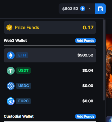 A crypto wallet interface shows a total balance of $502.52 ETH, with $0.17 in Prize Funds, $0.04 in USDT, and $0.00 in USDC and EURC balances. This image illustrates the recipient's $500 prize fund received, slightly exceeded by the total ETH value in their Web3 wallet.