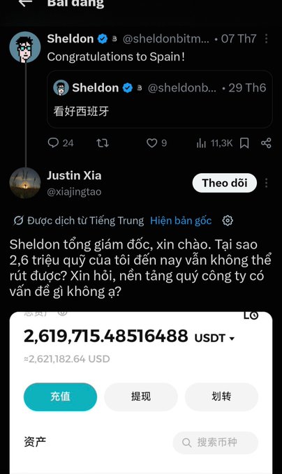 A social media post showing Sheldon congratulating Spain, followed by a reply from Justin Xia (@xiajingtao) asking why his 2.6 million USDT (~2,621,182.64 USD) cannot be withdrawn, with options to deposit, withdraw, or transfer visible.