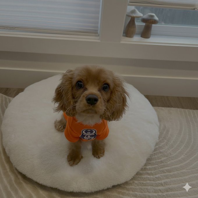 An adorable brown Cavalier King Charles Spaniel puppy wearing an orange shirt sits on a white fluffy cushion near a window with mushroom-shaped decorations.