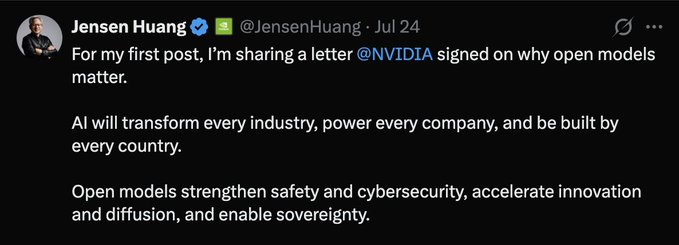 The image is a screenshot of a post by Jensen Huang (@JensenHuang) on X dated July 24, stating "For my first post, I'm sharing a letter @NVIDIA signed on why open models matter," and highlighting that "AI will transform every industry, power every company, and be built by every country," with open models strengthening safety, cybersecurity, innovation, and sovereignty. The post parallels the "permissionless vs. permissioned blockchains" discussion by drawing an analogy between open-source AI models and decentralized blockchain networks, both emphasizing the value of open, accessible infrastructure over closed, centralized systems.
