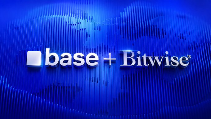 A promotional graphic displaying the 'base + Bitwise' logo in white text on a blue textured background featuring a faint world map design.