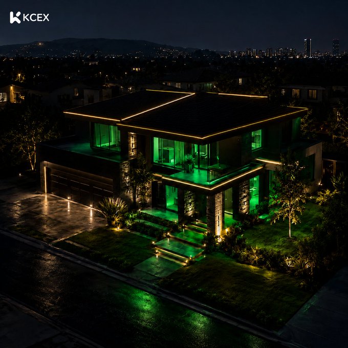 An aerial nighttime view of a modern luxury mansion illuminated with green accent lighting, featuring the KCEX logo in the upper left corner.