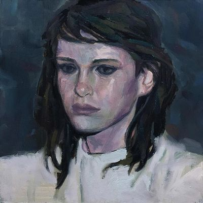 An oil painting portrait of a young woman with brown hair wearing a white shirt, rendered with visible brushstrokes against a dark background.