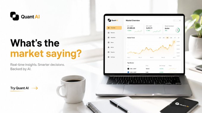 Advertisement for Quant AI featuring the text 'What's the market saying? Real-time insights. Smarter decisions. Backed by AI.' alongside a laptop displaying market overview charts.
