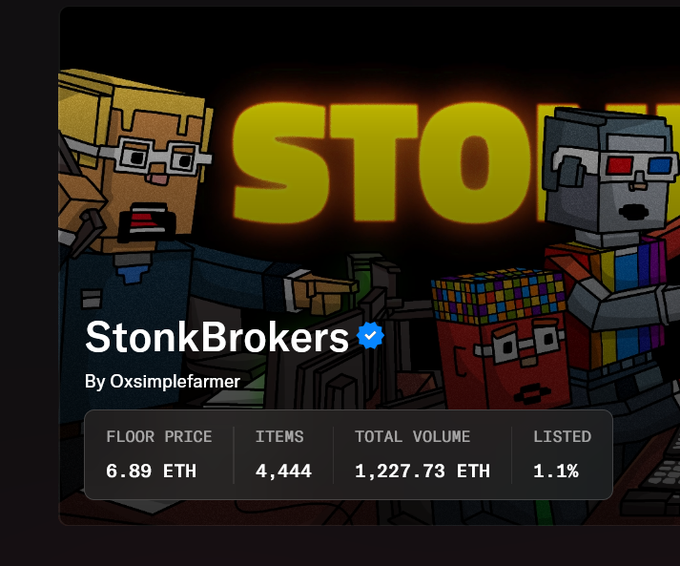 An NFT collection page for 'StonkBrokers by Oxsimplefarmer' showing a floor price of 6.89 ETH, 4,444 items, 1,227.73 ETH total volume, and 1.1% listed.