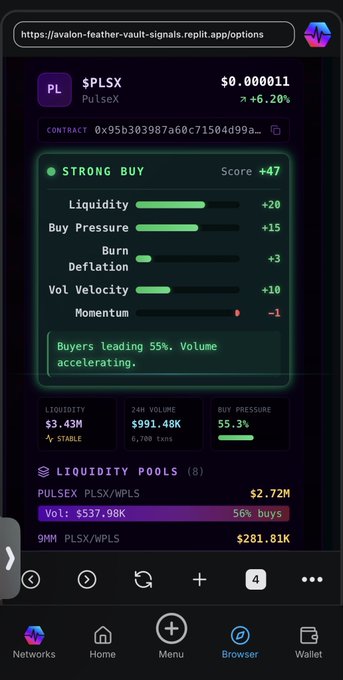 A mobile screenshot of a crypto trading interface showing a 'STRONG BUY' signal for $PLSX (PulseX) at $0.000011 with a +6.20% gain, highlighting liquidity, buy pressure, and 24h volume metrics.