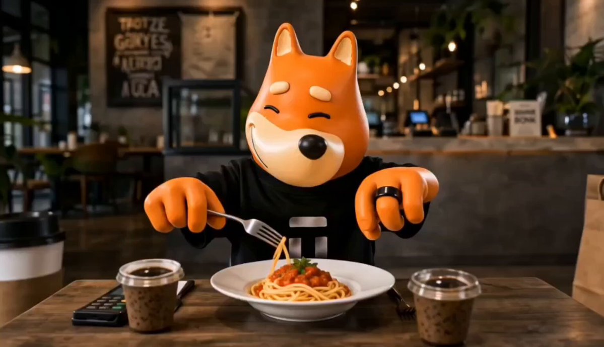 The image features a cartoon dog sitting at a table with spaghetti and a fork, seemingly enjoying its meal. The background shows a restaurant setting with various tables and chairs. There are also two cups placed on one of the tables. The caption for the image reads "Get ready for bonkradio w/ @Tangem in 2 hours Space link below".