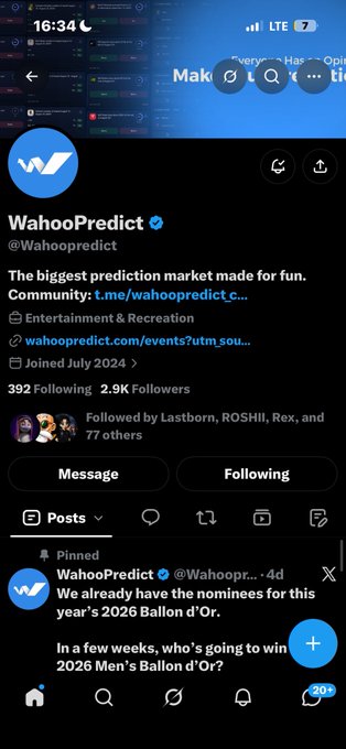 A screenshot of the WahooPredict Twitter profile showing 2.9K Followers and a pinned post about predicting the 2026 Ballon d'Or winner.