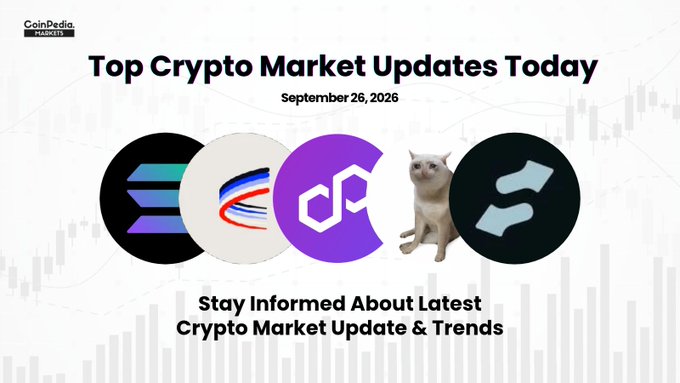 A CoinPedia Markets graphic titled "Top Crypto Market Updates Today" dated September 26, 2026, featuring logos for Solana, Stellar, Polygon, and a cat meme coin with the text "Stay Informed About Latest Crypto Market Update & Trends".