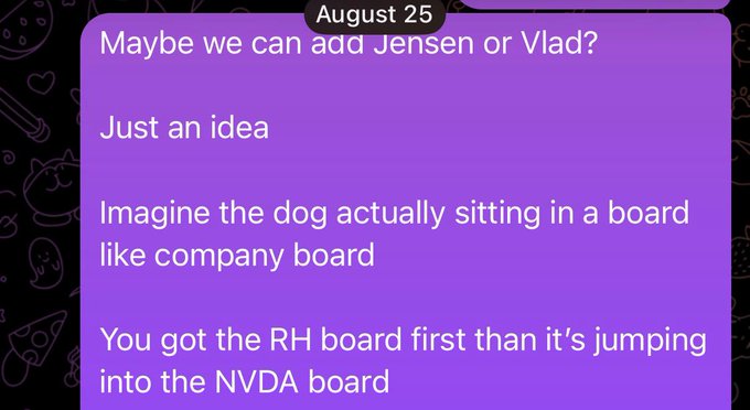 A screenshot of a purple message dated 'August 25' suggesting adding 'Jensen or Vlad' and picturing a dog jumping from an 'RH board' to an 'NVDA board'.