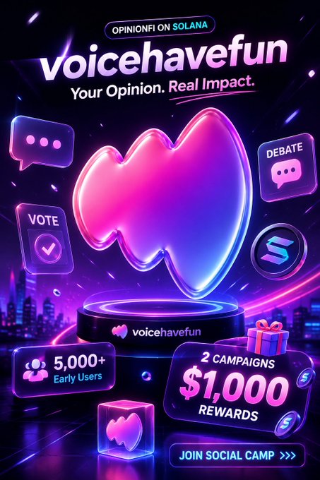 The image features a poster for a new platform called @voicehavefun. The poster has a purple background with neon pink and blue elements that create a futuristic atmosphere. There are several icons representing different aspects of the platform, such as a speech bubble, a microphone, and a gift box. The text on the poster encourages users to join the platform and share their opinions, stating "Your opinion. Real impact." This suggests that @voicehavefun is focused on amplifying voices and promoting open discussions in various fields.