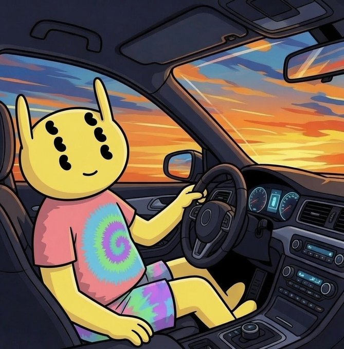 A cartoon illustration of a yellow character with bunny-like ears driving a car at sunset, wearing a tie-dye shirt and shorts.