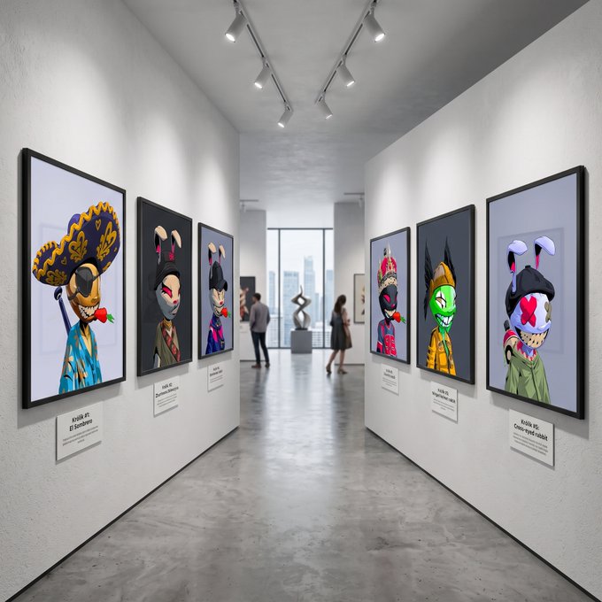 A modern art gallery interior with framed cartoon character portraits displayed on white walls, with visitors walking through the corridor and a city view visible through the windows.
