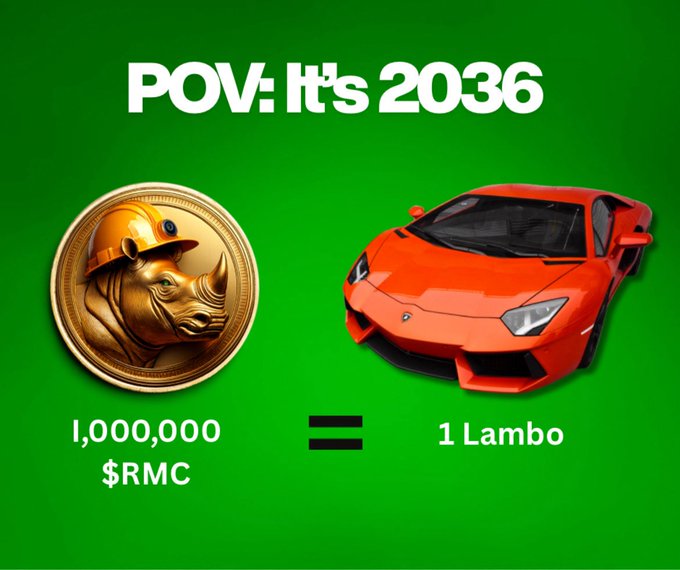 A graphic titled "POV: It's 2036" showing that 1,000,000 $RMC is equivalent to 1 Lamborghini, depicted with a coin featuring a rhino wearing a construction helmet and a red sports car.
