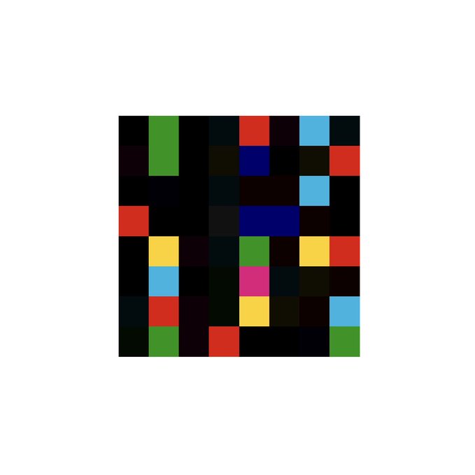 A grid of small colored squares in various colors (red, green, blue, yellow, pink, black) forming a pixelated abstract pattern.