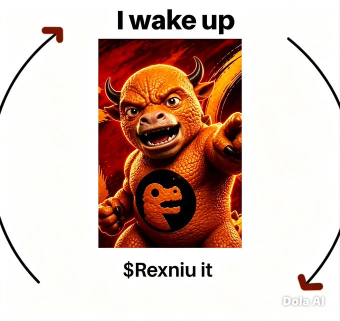 A meme featuring an orange dragon-like character with a Digimon logo on its chest, with text reading 'I wake up' at the top and '$Rexniu it' at the bottom, marked with 'Dola AI' watermark.